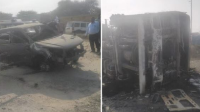 Photo of हरियाणा: केमिकल से भरे कैंटर में लगी आग, चपेट में आई क्रेटा कार
