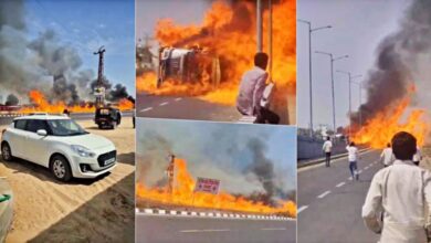 Photo of नेशनल हाईवे पर तेल टैंकर पलटने से लगी भीषण आग